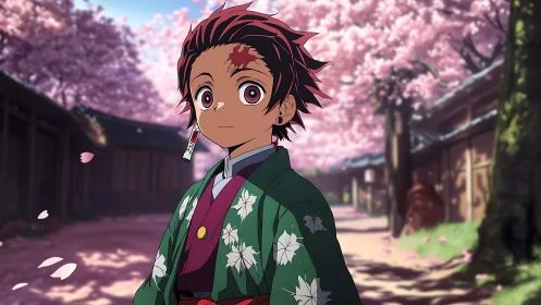 Anime character stands on tree-lined street under blossoms