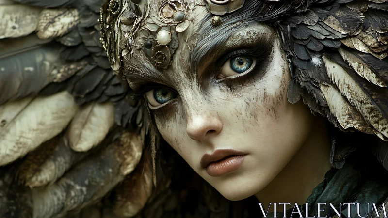 Avian-masked warrior portrait with ornate feathered headdress