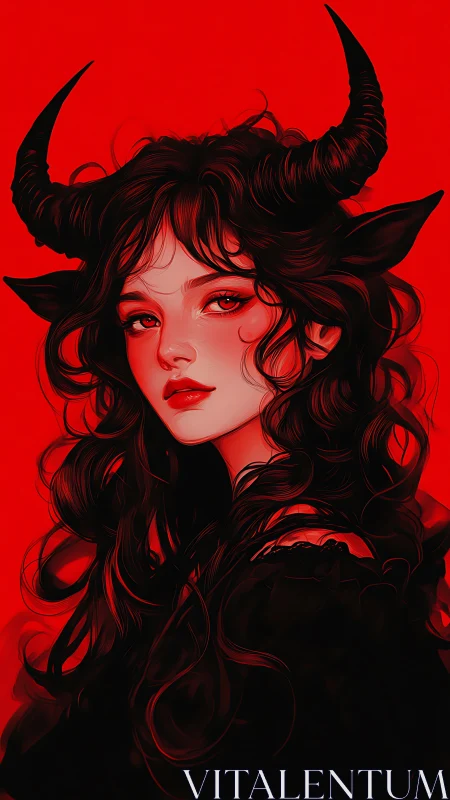 Digital painting portrait of horned demon girl in red field.