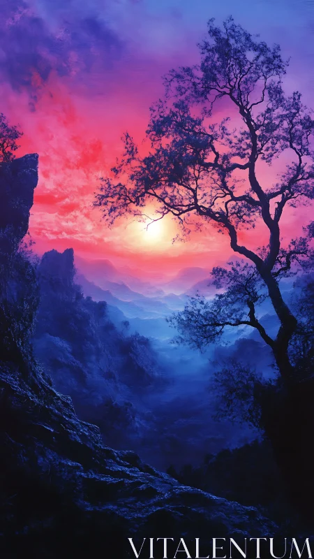 Dreamy twilight valley with glowing sun and misty hills.