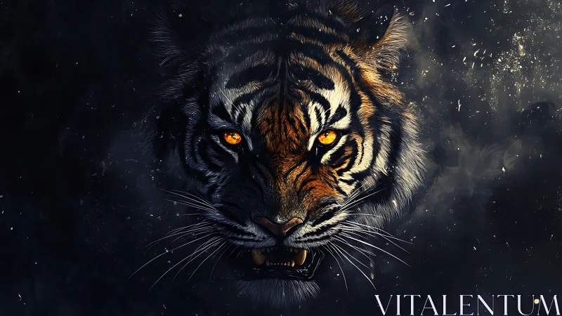 High-contrast tiger portrait isolates glowing eyes in smoky void