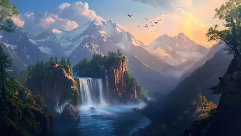 Sunlit mountain waterfalls in a peaceful hidden valley.