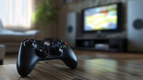 Xbox Controller Positioned on Wooden Surface with Gaming Display