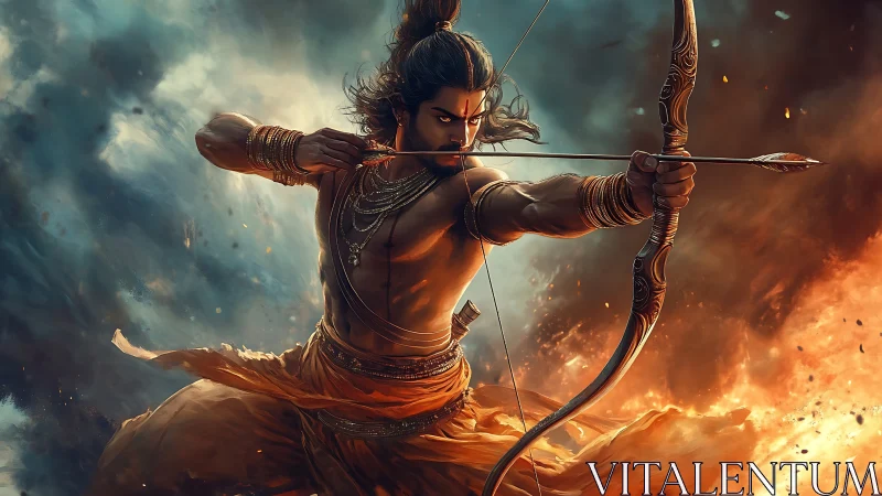 Mythological archer figure in dynamic battle environment.