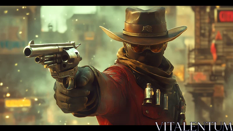 Lone futuristic gunslinger holding a revolver in the haze.
