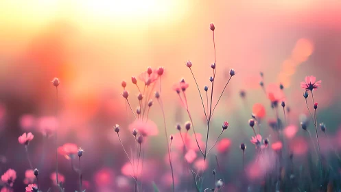 Field of Small Pink Flowers at Sunset with Selective Focus