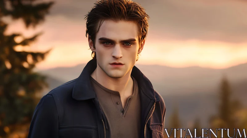 Young male portrait outdoors at sunset in rural setting.