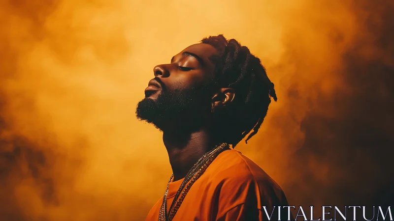 Side-profile portrait in volumetric amber atmospheric lighting.