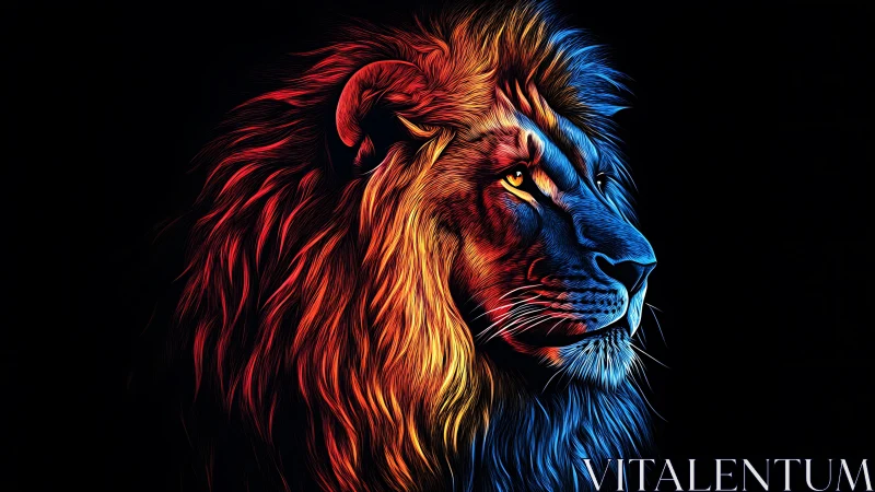 Bicolor neon lion profile glows against deep black void