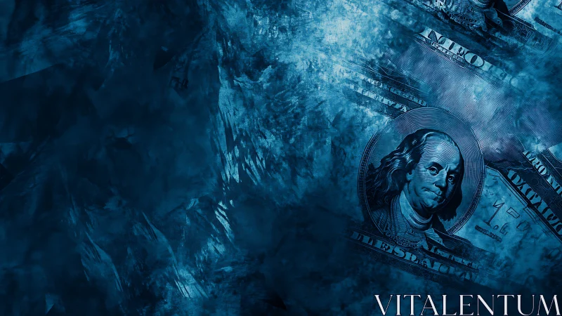 Blue-tinted dollar collage wrapped in swirling textures.