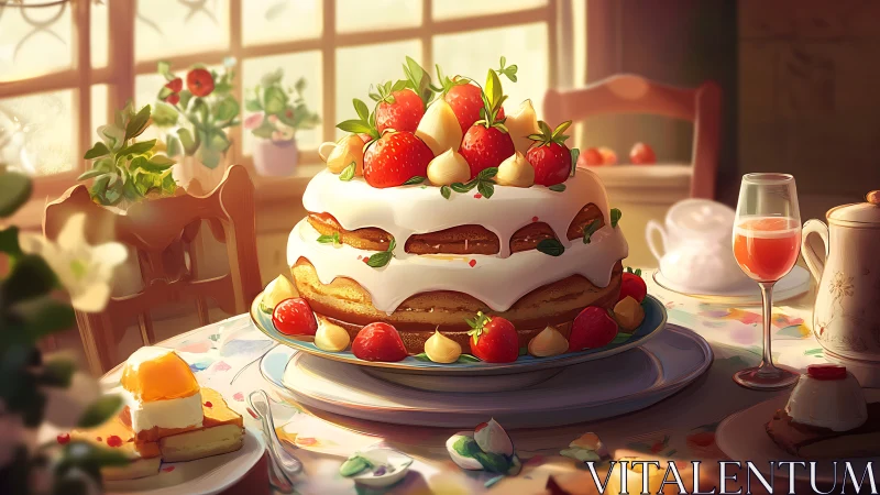 Elegant Tiered Cake with Fresh Berries in Warm Window Light