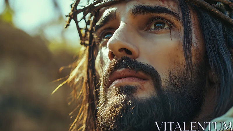 Photorealistic close-up portrait with emotional upward gaze.