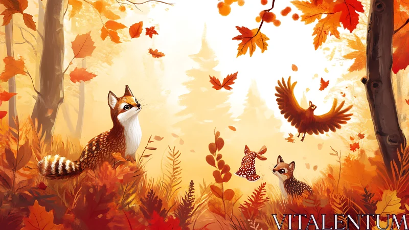 Anthropomorphic forest animals occupy stylized autumn foliage