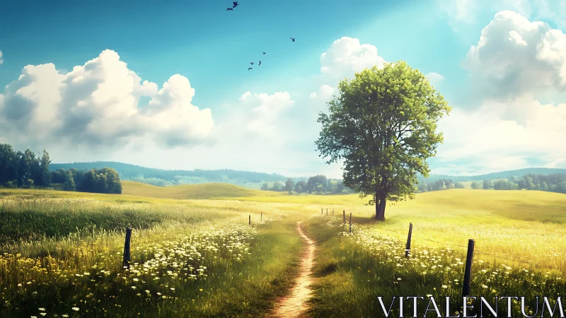 Country dirt path curves through sunlit wildflower meadow.