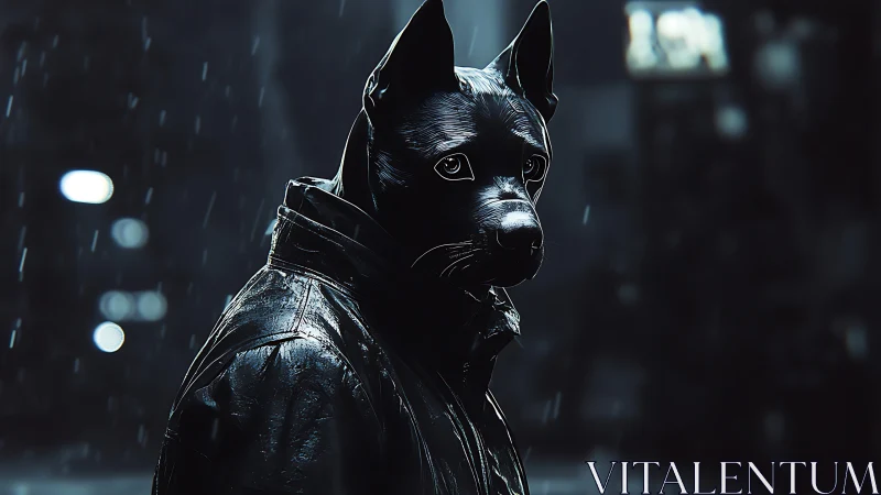 Anthropomorphic dog noir portrait under cinematic rain lighting