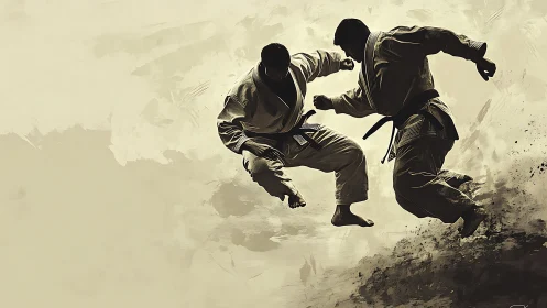 Martial artists collide midair in dynamic sepia combat scene.