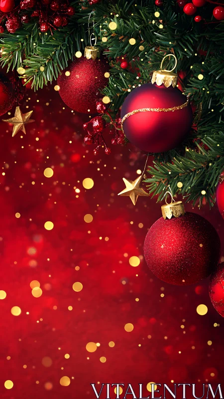 Sparkling red ornaments glow warmly on a festive tree