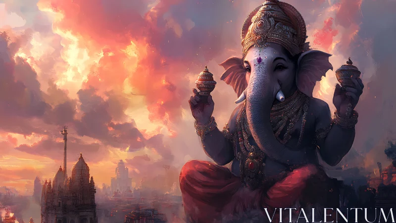 Majestic Ganesha deity above temples in radiant dusk sky.