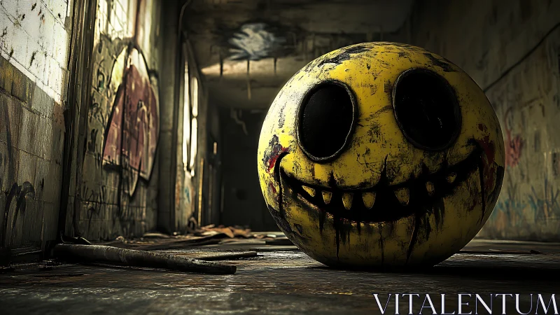 Smiling yellow horror sphere haunts decayed graffiti hallway