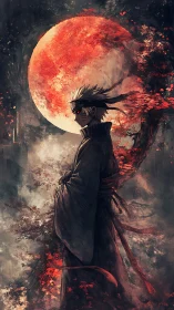 Robe-clad figure before red lunar disc and foliage.