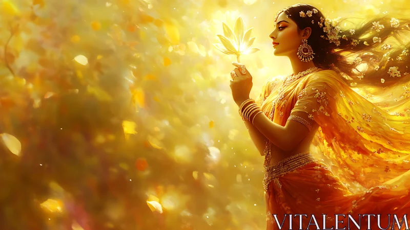 Golden goddess in bloom, cradling a luminous lotus dream.