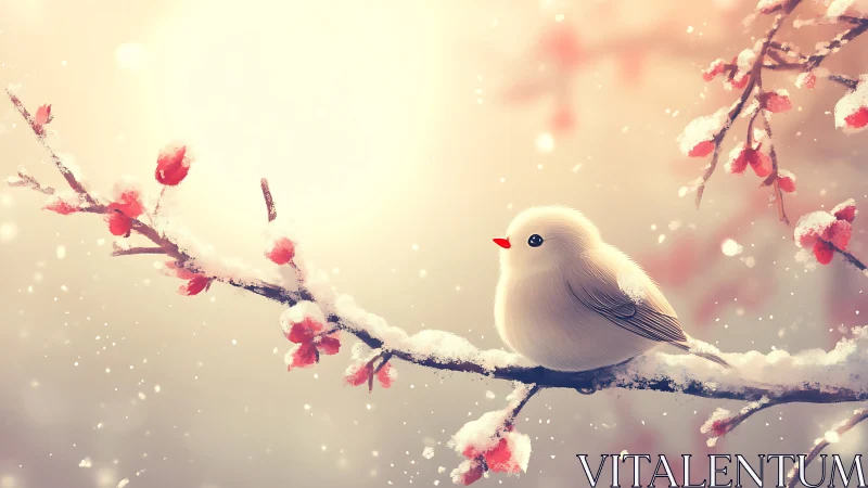 White Robin Resting on Snowy Branch with Pink Cherry Blossoms