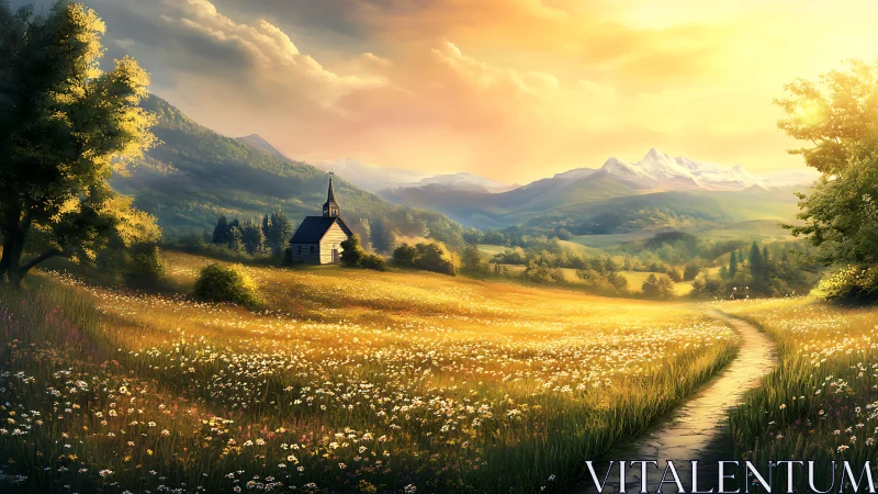 Small rural church in sunlit valley with distant mountains.