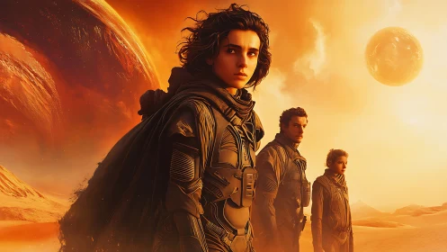 Desert voyagers stand united beneath blazing alien skies