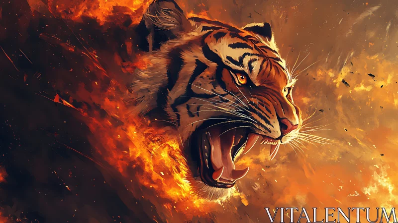 Tiger head roars amid swirling orange and black flames