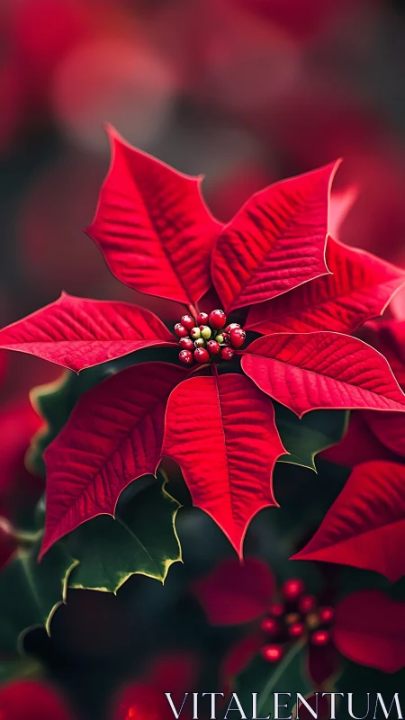 Vibrant red poinsettia macro with soft festive bokeh.