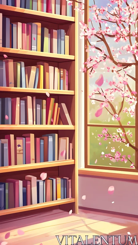 Sunlit Library Nook Where Cherry Blossoms Whisper Inward.