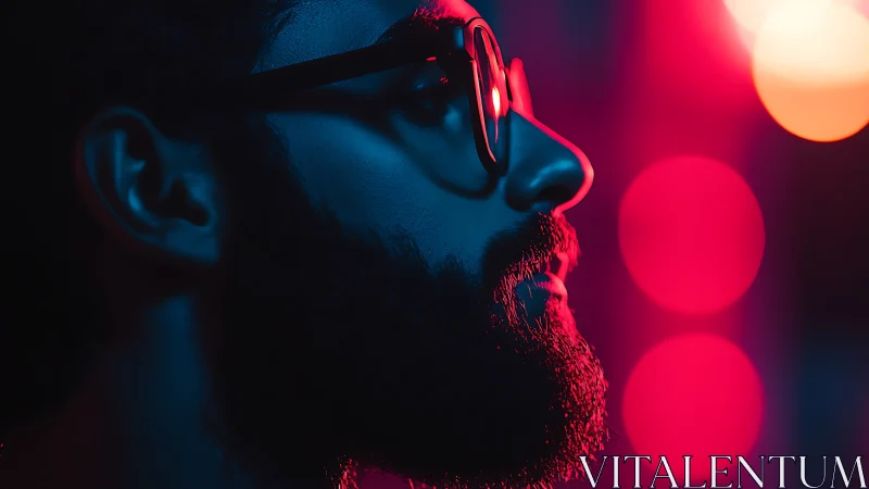Profile view of bearded man in neon blue and pink light.