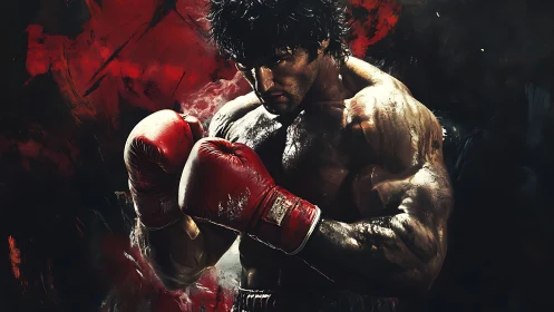Boxer in Red Gloves Positioned Against Dramatic Red-Black Background
