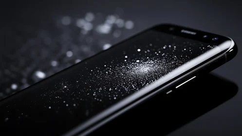 Black smartphone closeup with dust on reflective screen.