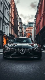 Black Mercedes sports car parked on narrow city street.