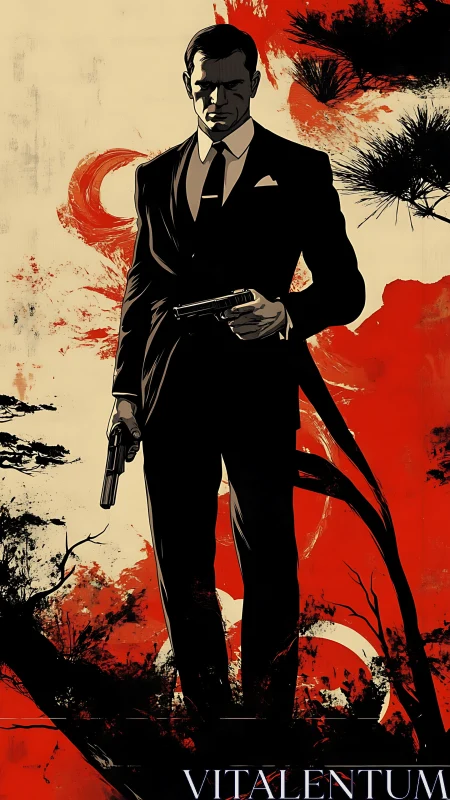 Dashing suited agent strides forward in bold red shadows