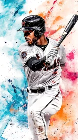 Dynamic baseball batter amid splattered color fields.