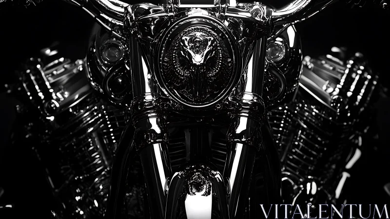 Chromed steel beast glows in noir studio darkness.