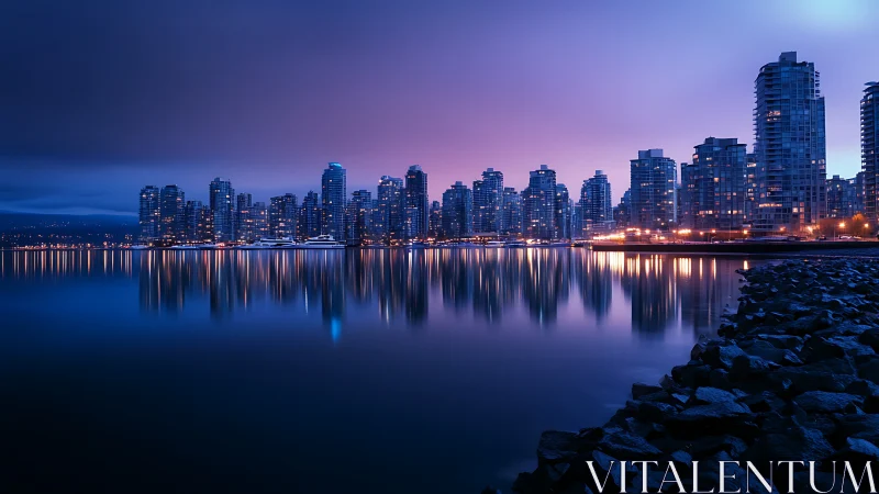 Calm waterfront city skyline with blue and violet night light.