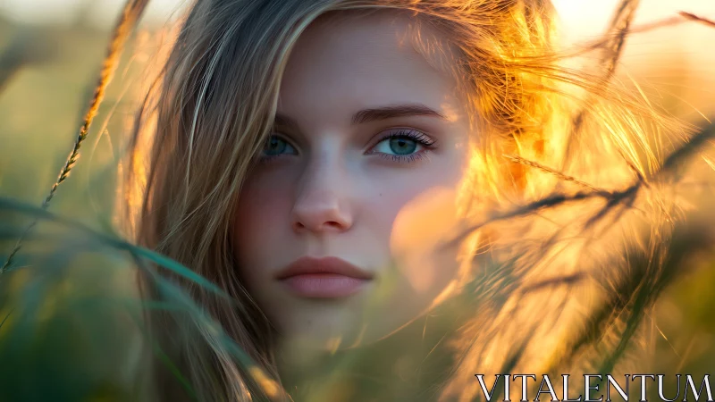 Sunlit portrait of young woman in golden field at dusk.