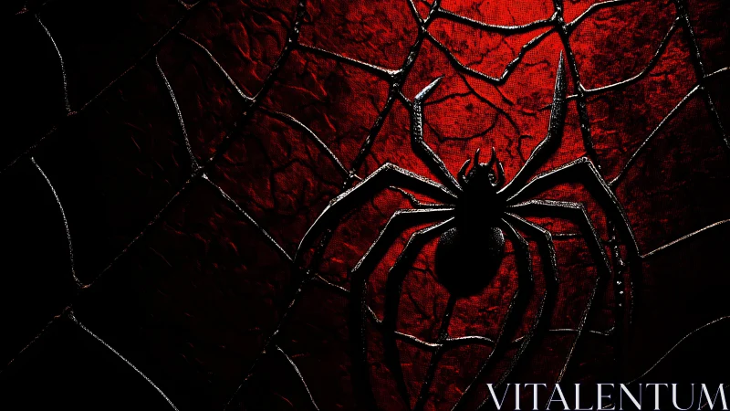 Silhouetted black spider emblem on glowing red web background.