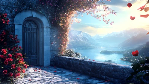Romantic stone terrace gateway overlooking luminous alpine lake.