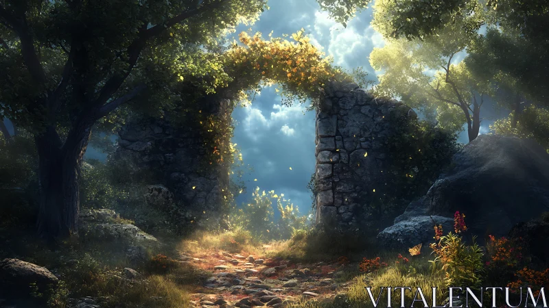 Sunlit stone gateway opens onto a whispered forest path.