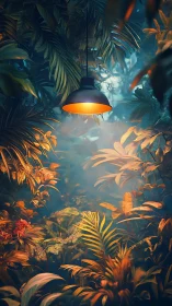 Hanging lamp casting warm light over dense jungle foliage.