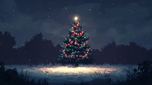 Lone midnight Christmas tree glowing over quiet winter field.