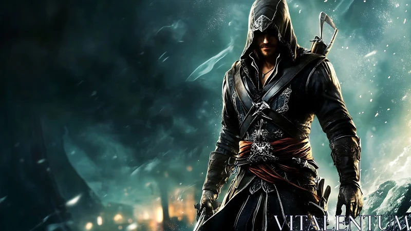 Hooded stormblade strides through swirling icy twilight.