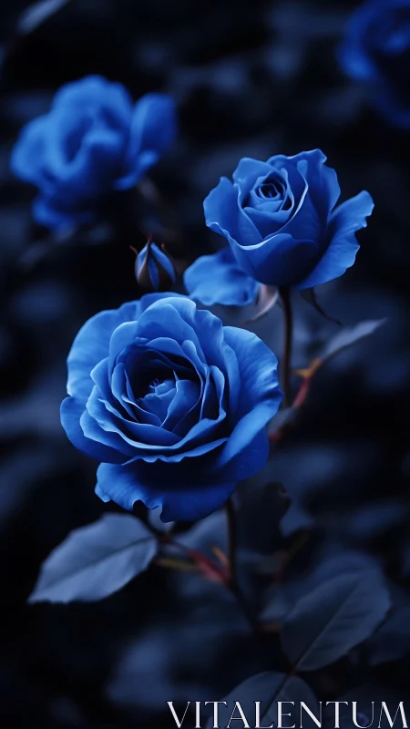 Blue Roses in Dark Garden Setting.
