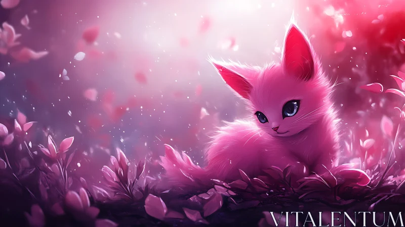 Pink fantasy kitten rests among glowing petals at dusk