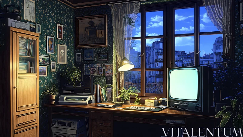 Interior workspace with vintage electronics and window view