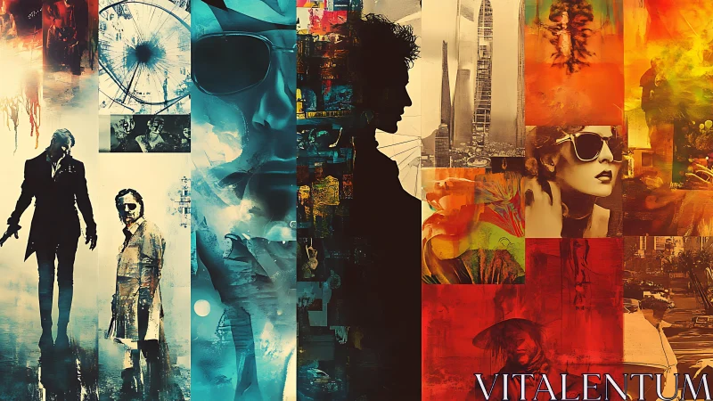 Fragmented neon noir silhouettes construct a cinematic triptych